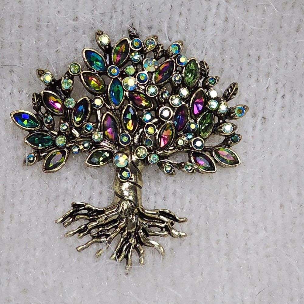 Tree of Life Brooch Multi Color Rhinestone Gold Tone Crystal Pin - Picture 3 of 5